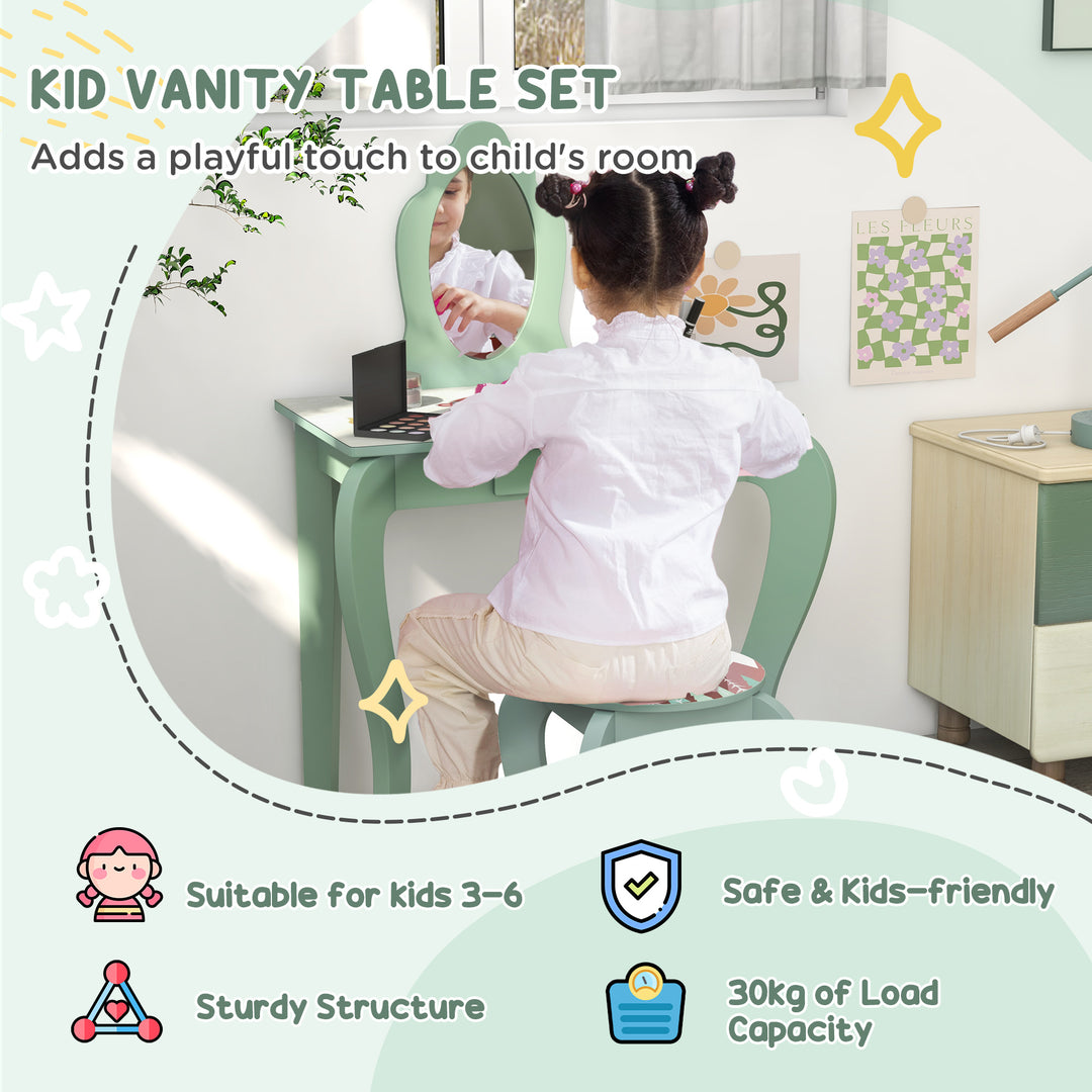 Kids Bedroom Furniture Set Includes Bed Frame, Table with Mirror &amp; Stool for Ages 3-6 Years - Green