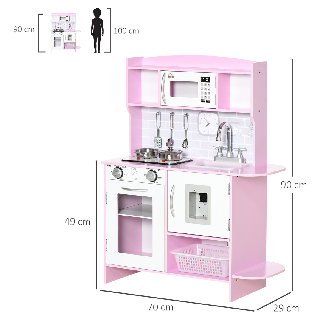 HOMCOM Wooden Play Kitchen with Lights Sounds, Kids Kitchen Playset with Water Dispenser, Microwave, Utensils, Sink, Gift for 3-6 Years Old, Pink