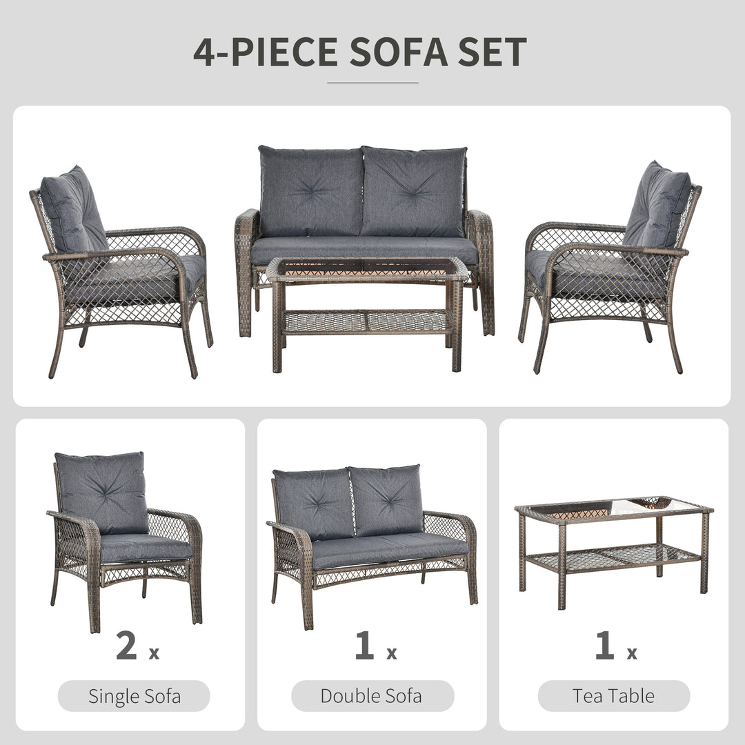 4-Seater Patio PE Rattan Wicker Sofa Sets Outdoor All Weather Conversation Furniture w/ Two Tier Tea Table &amp; Cushions for Backyard Garden Grey