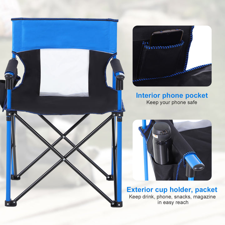 Metal Frame Sponge Padded Folding Camping Chair w/ Pockets Blue