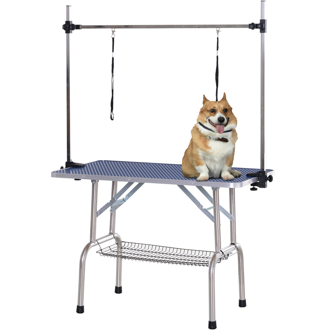 PawHut Adjustable Dog Grooming Table Rubber Top 2 Safety Slings Mesh Storage Basket Heavy Metal Blue 107 x 60 x 170cm