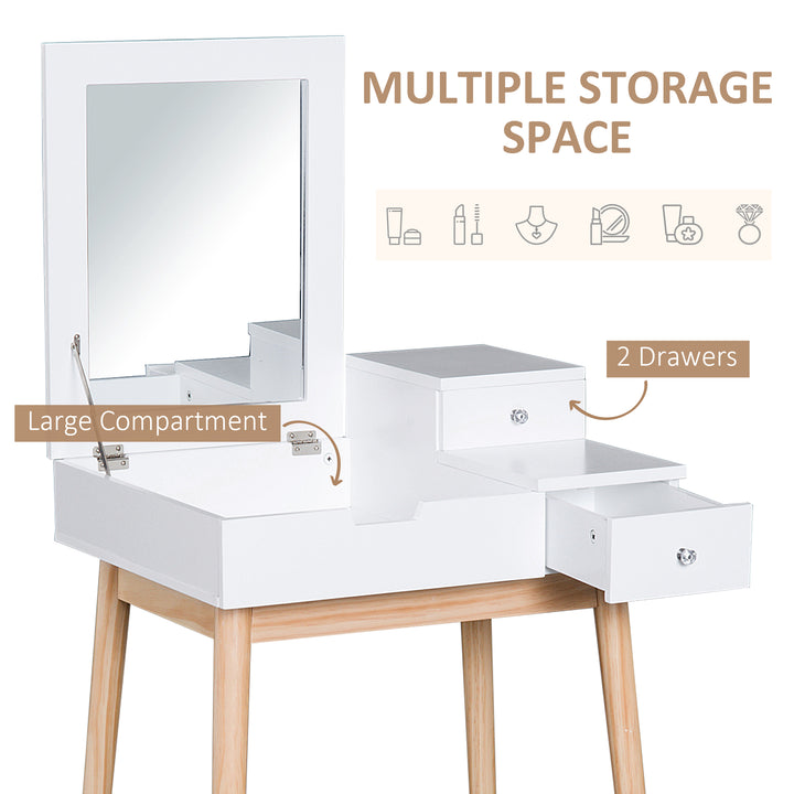 Pine Dressing Table Desk Flip-up Mirror Multi-purpose 2 Drawers Modern - White