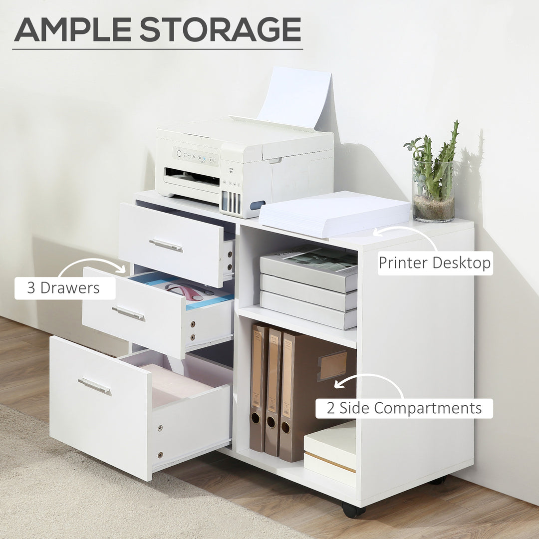 HOMCOM Freestanding Printer Stand Unit Office Desk Side Mobile Storage w/ Wheels 3 Drawers, 2 Open Shelves Modern Style 80L x 40W x 65H cm - White