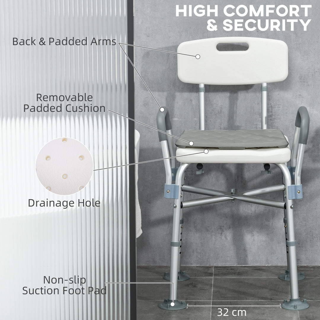 Aluminium Shower Chair with Backs and Arms, Height Adjustable Shower Seat with Removable Padded Cushion, Bath Stool for Seniors, Disabled, Pregnant, White