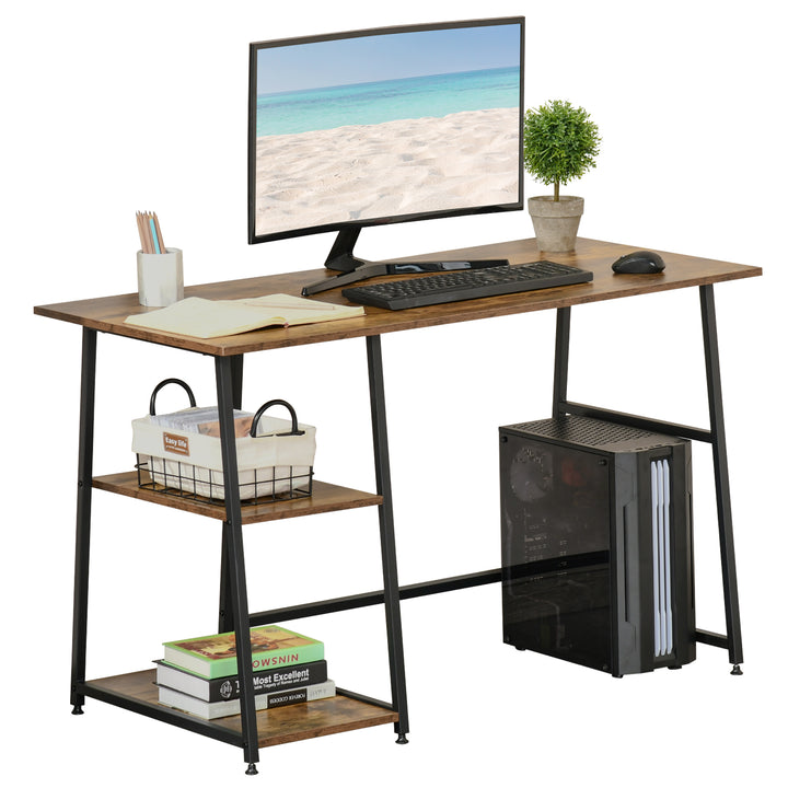 Office Desk Working Station Home Office Table with 2 Shelves Computer Gaming Desk Steel Frame Black and Rustic Brown