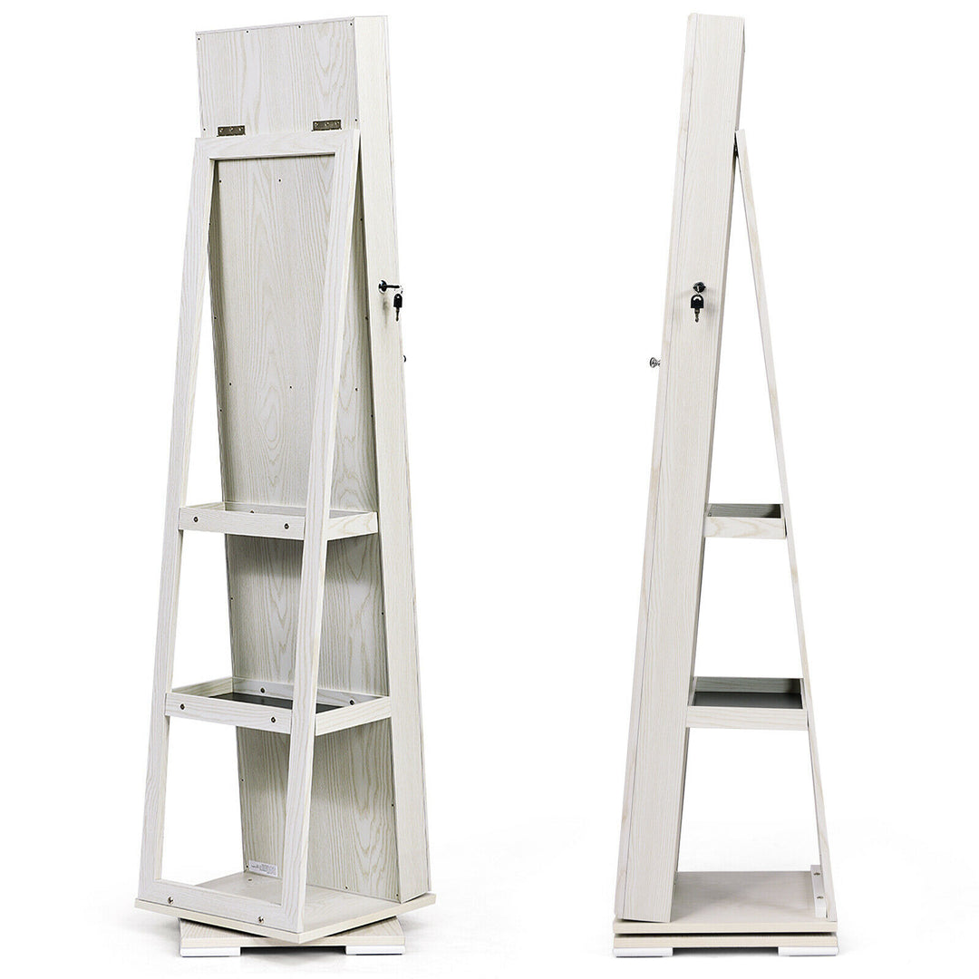 Full Length Mirrored Jewellery Cabinet Rotates 360° with Open Display Shelves-White