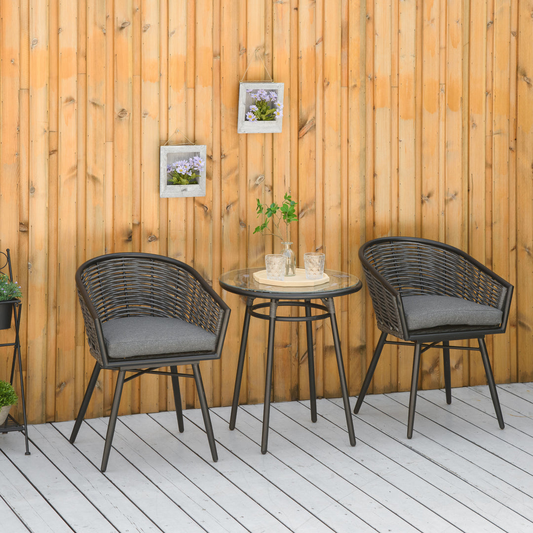 Outsunny Rattan Bistro Set 2-Seater Wicker Garden Furniture Round Table for Patio and Balcony w/ Cushions, Grey