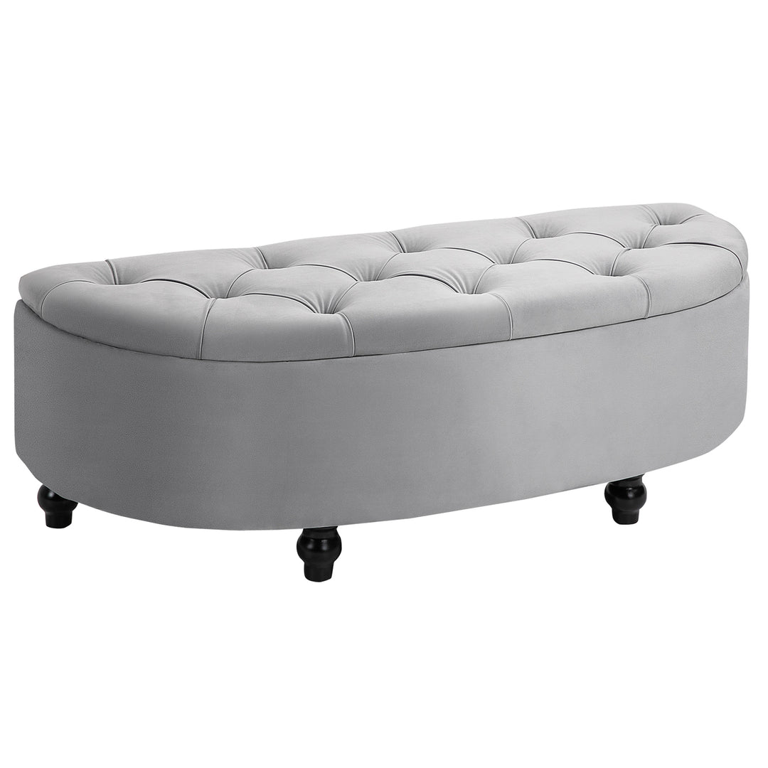 HOMCOM Semi-Circle Storage Ottoman Bench Tufted Upholstered Accent Seat Footrest Stool with Rubberwood Legs for Entryway & Bedroom, Grey