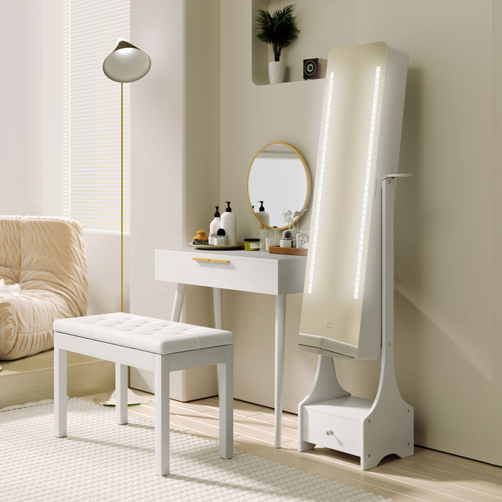 Modern Dressing Table with Round Mirror, Makeup Vanity Table with 2 Drawers for Bedroom, Living Room, White