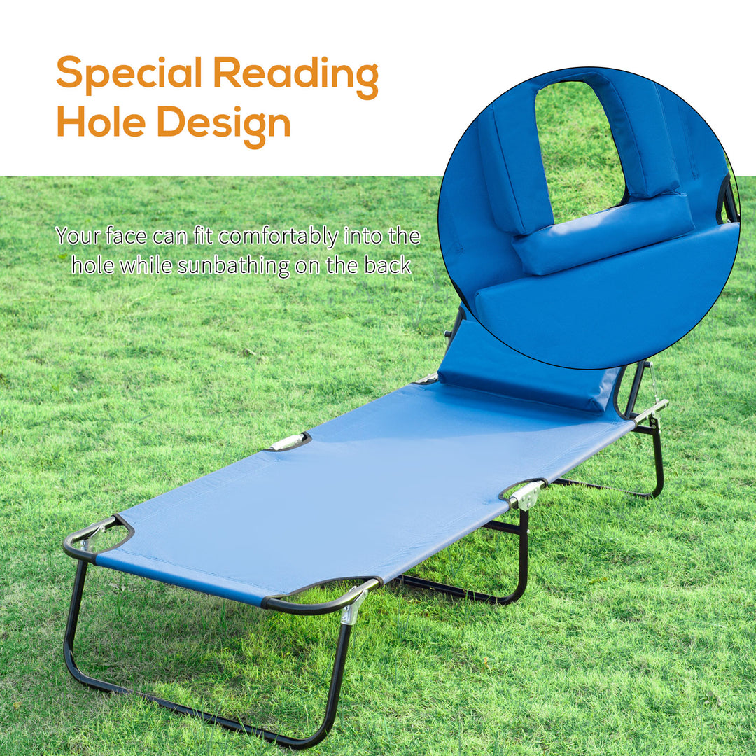 Sun Lounger Foldable Reclining Chair with Pillow and Reading Hole Garden Beach Outdoor Recliner Adjustable Blue