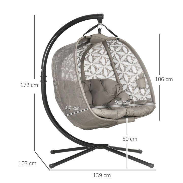 Outdoor Double Hanging Chair, Swing Chair with Metal Stand, Thick Padded Cushion, Foldable Basket Cup Holders for Indoor Outdoor, Sand Brown