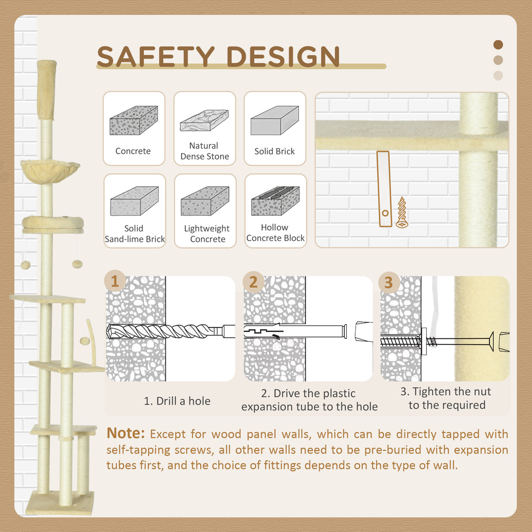PawHut Floor to Ceiling Cat Tree for Indoor Cats, 6-Tier Play Tower Climbing Activity Center with Scratching Post, Platforms, Bed, Hammock, Adjustable Height 230-250cm, Beige