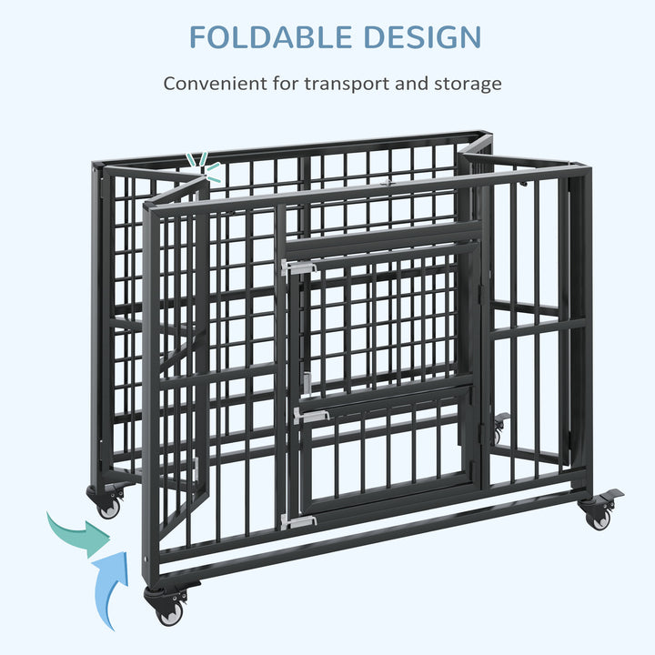 Heavy Duty Foldable Dog Crate, w/ Openable Top and Wheels-Black