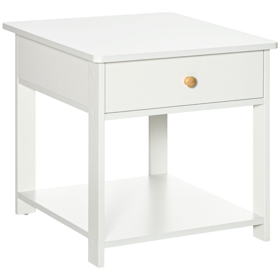 Bedside Table with Drawer and Bottom Shelf, Square Side End Table for Bedroom, Living Room, White