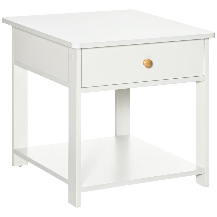 Bedside Table with Drawer and Bottom Shelf, Square Side End Table for Bedroom, Living Room, White