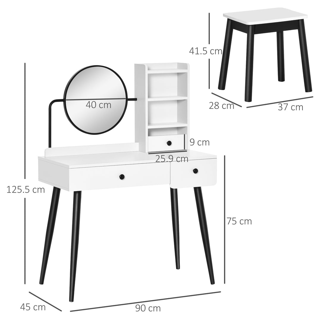 Dressing Table Set with Mirror and Stool, Vanity Makeup Table with 3 Drawers and Open Shelves for Bedroom, Living Room, White