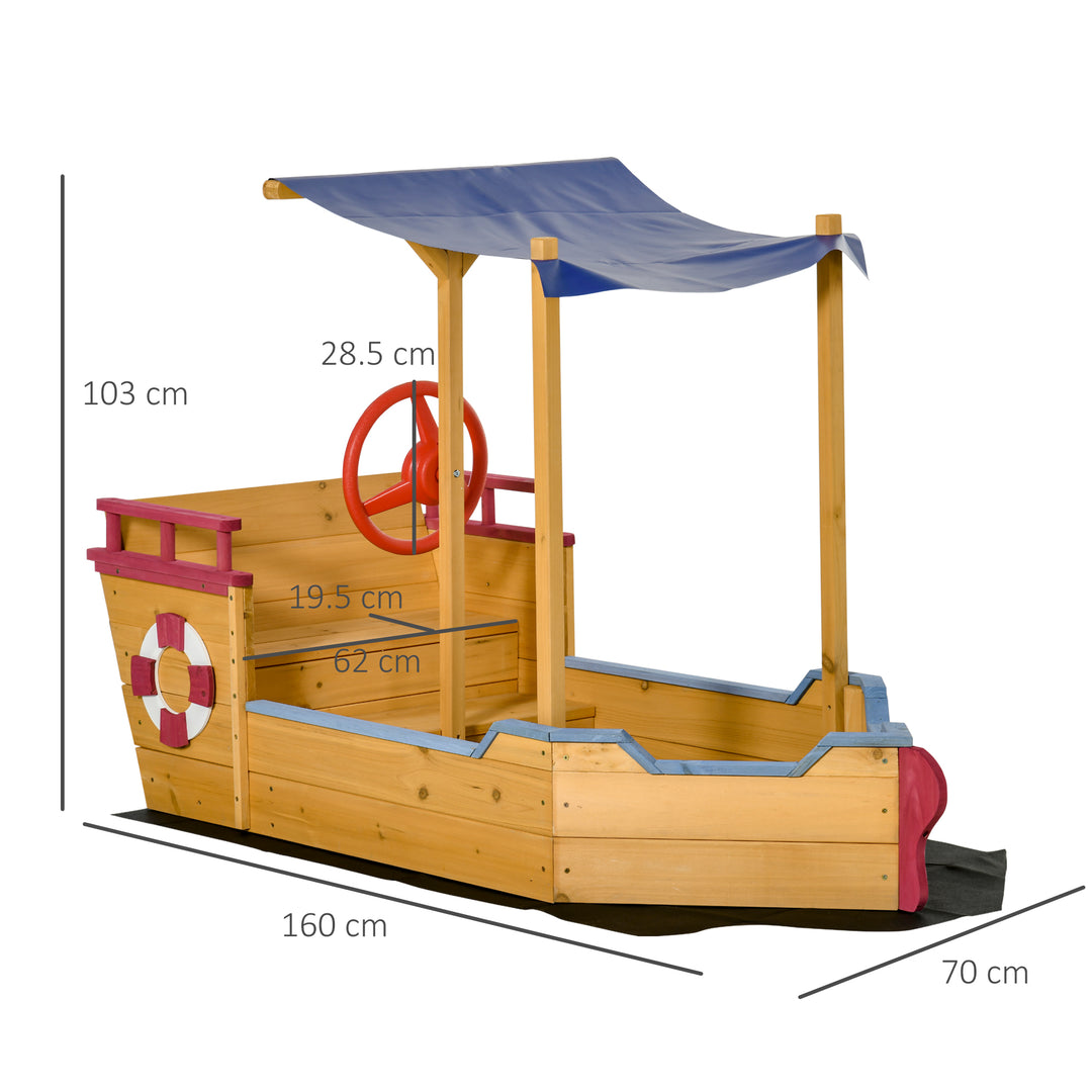 Kids Wooden Sandbox Play Station, Covered Children Sand boat Outdoor, for Backyard, w/ Canopy Shade, Aged 3-8 Years Old, Orange