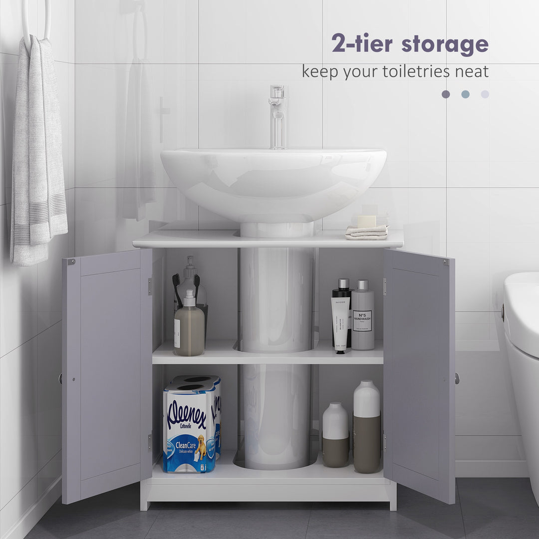 kleankin Vanity Unit Under Sink Bathroom Storage Cabinet w/ Adjustable Shelf Handles Drain Hole Cabinet Space Saver Organizer 60x60cm - White & Grey