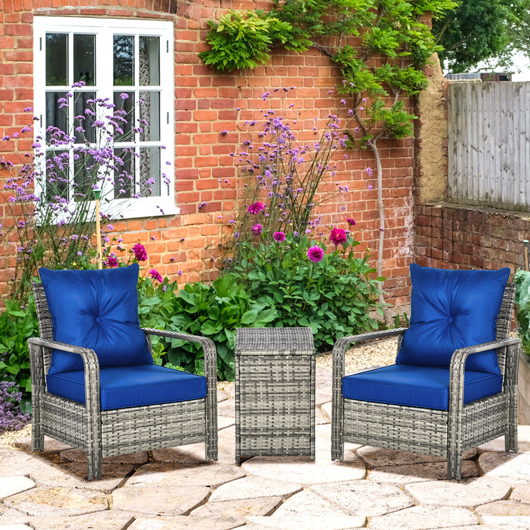 3 pcs PE Rattan Wicker Garden Furniture Patio Bistro Set Weave Conservatory Sofa Storage Table and Chairs Set Blue Cushion Grey Wicker