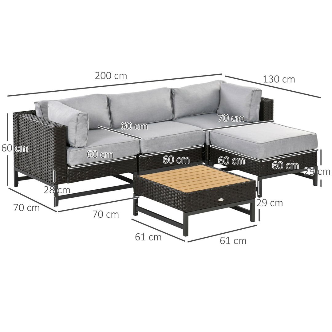 Outsunny 5 Pieces Outdoor PE Rattan Corner Sofa, Patio Wicker Woven Rattan Garden Furniture w/ Thick Padded Cushions, Wood Grain Plastic Top Table