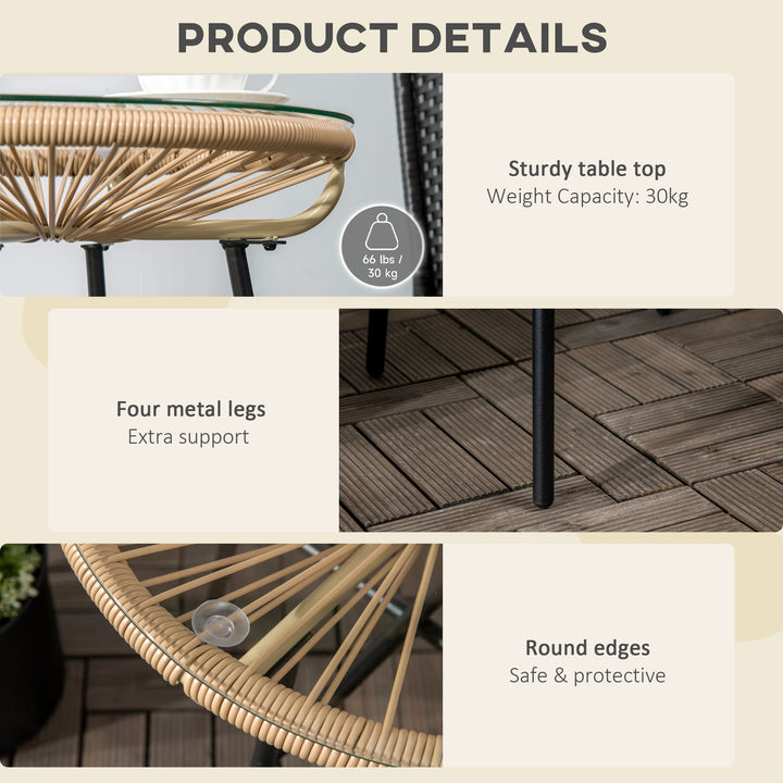 Rattan Side Table, Round Outdoor Coffee Table, with Round PE Rattan and Tempered Glass Table Top for Patio, Garden, Balcony, Black