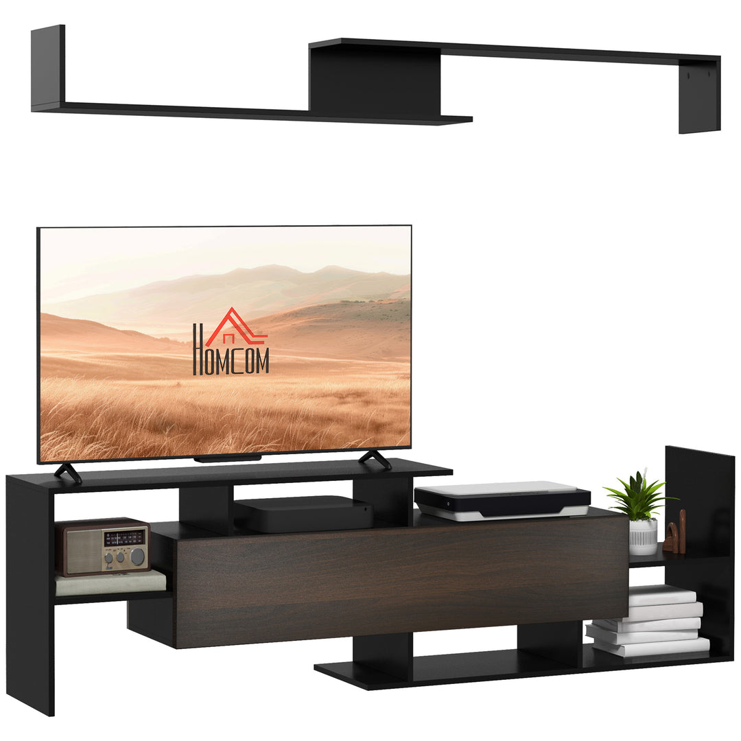 HOMCOM Modern TV Cabinet with Wall Shelf, TV Unit with Storage Shelf and Cabinet, for Wall-Mounted 65" TVs, Living Room Bedroom, Black and Dark Brown