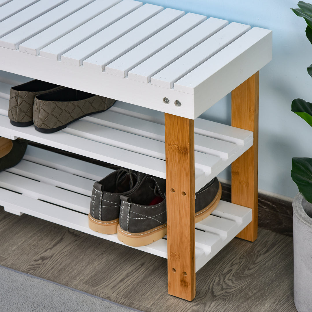 Shoe Bench, 3-Tier Wooden Shoe Rack with Hidden Storage Compartment, Slatted Shelves, Home Storage Unit, Natural, 90L x 29W x45H cm
