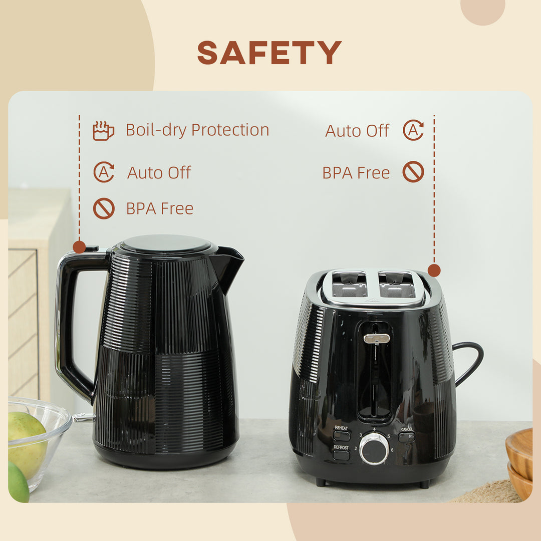 Kettle and Toaster Set, 1.7L 3000W Fast Boil Kettle & 2 Slice Toaster Kitchen Set, Defrost, Reheat, Boil-dry Protection, Black