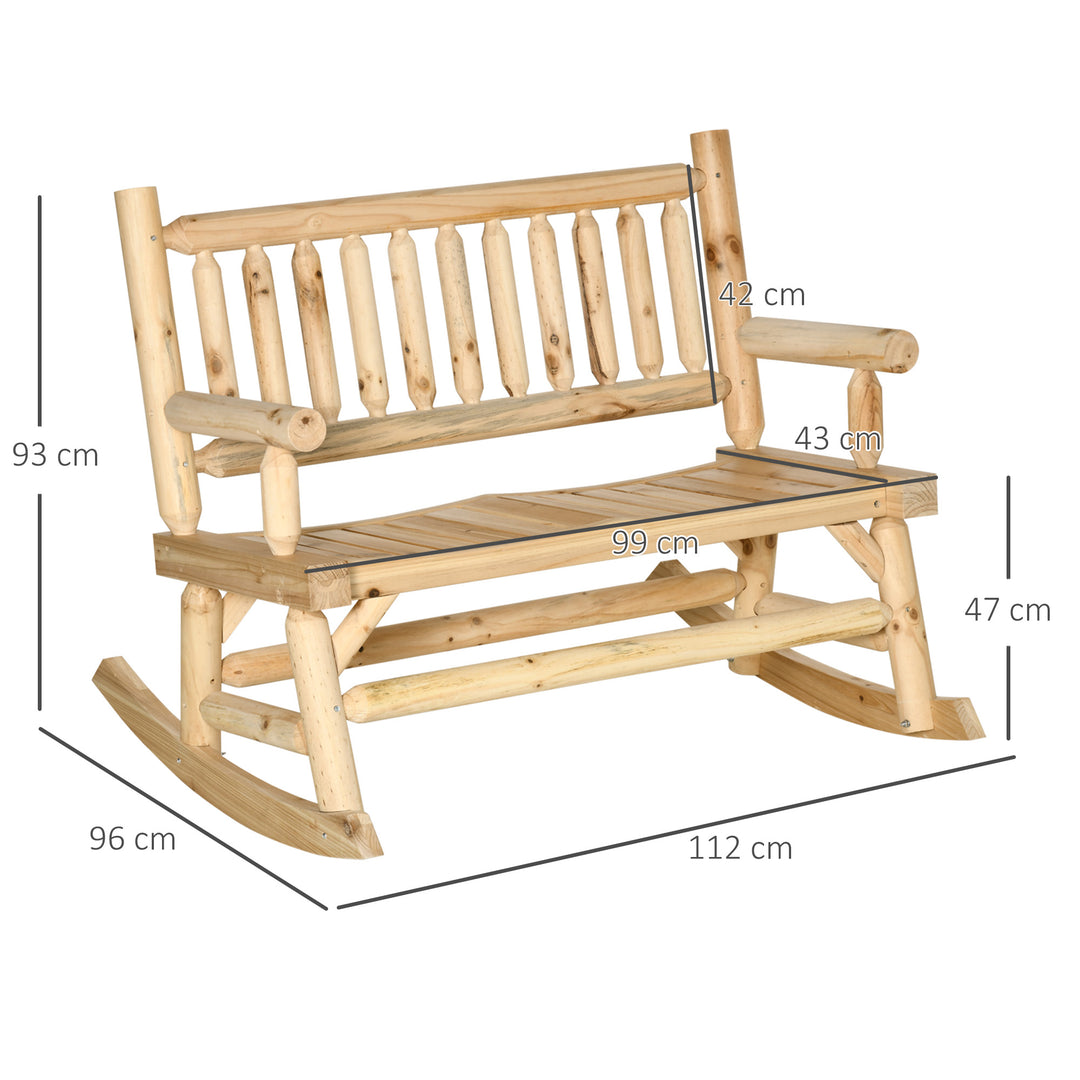 Outsunny Garden 2-Seater Rocking Bench Wood Frame Rough-Cut Log Loveseat Slatted High Back Rustic Style w/ Armrests Garden Outdoor Furniture, Natural