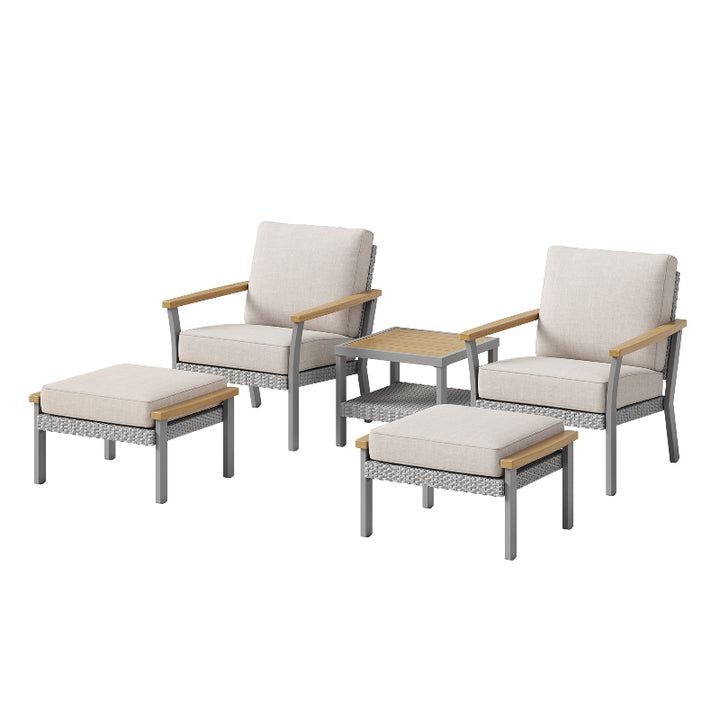 Sencillo Collection - 5 Piece Patio Furniture Set, 2 Lounge Chairs, 2 Ottomans, 1 Coffee Table
