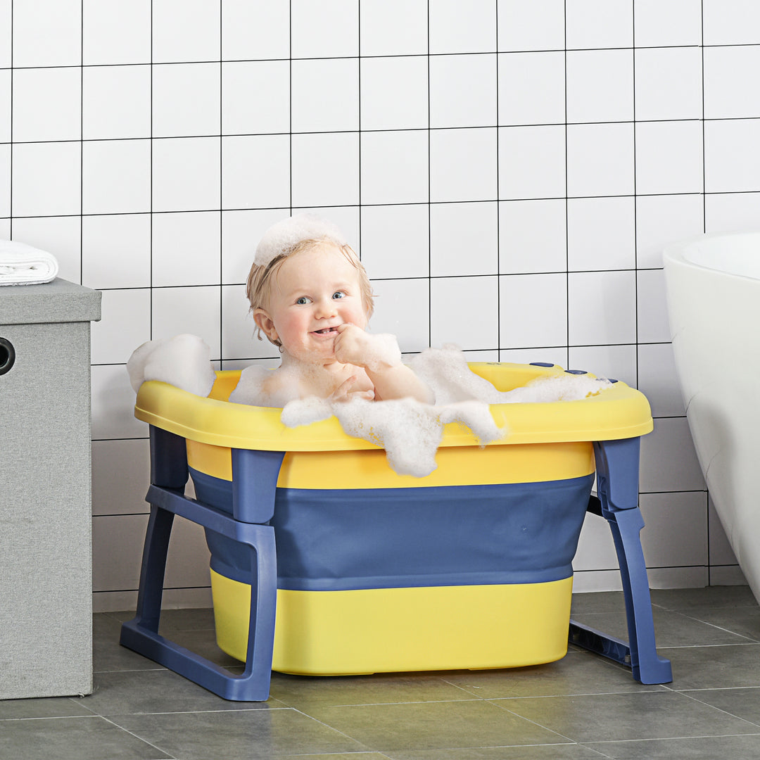 Baby Bath Tub for 0-6 Years Collapsible Non-Slip Portable with Stool Seat for Newborns Infants Toddlers Kids Crocodile Shape Yellow