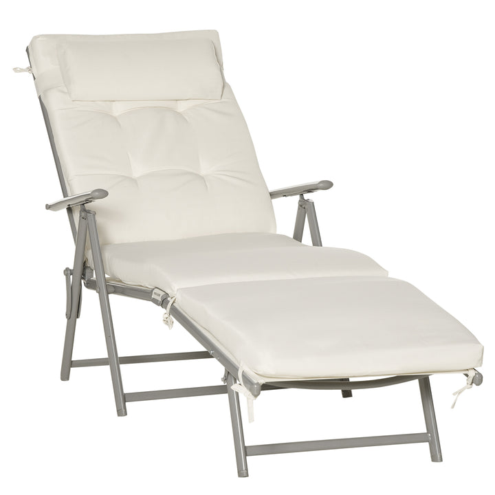 Outsunny Outdoor Patio Sun Lounger Garden Texteline Foldable Reclining Chair Pillow Adjustable Recliner with Cushion - Cream White