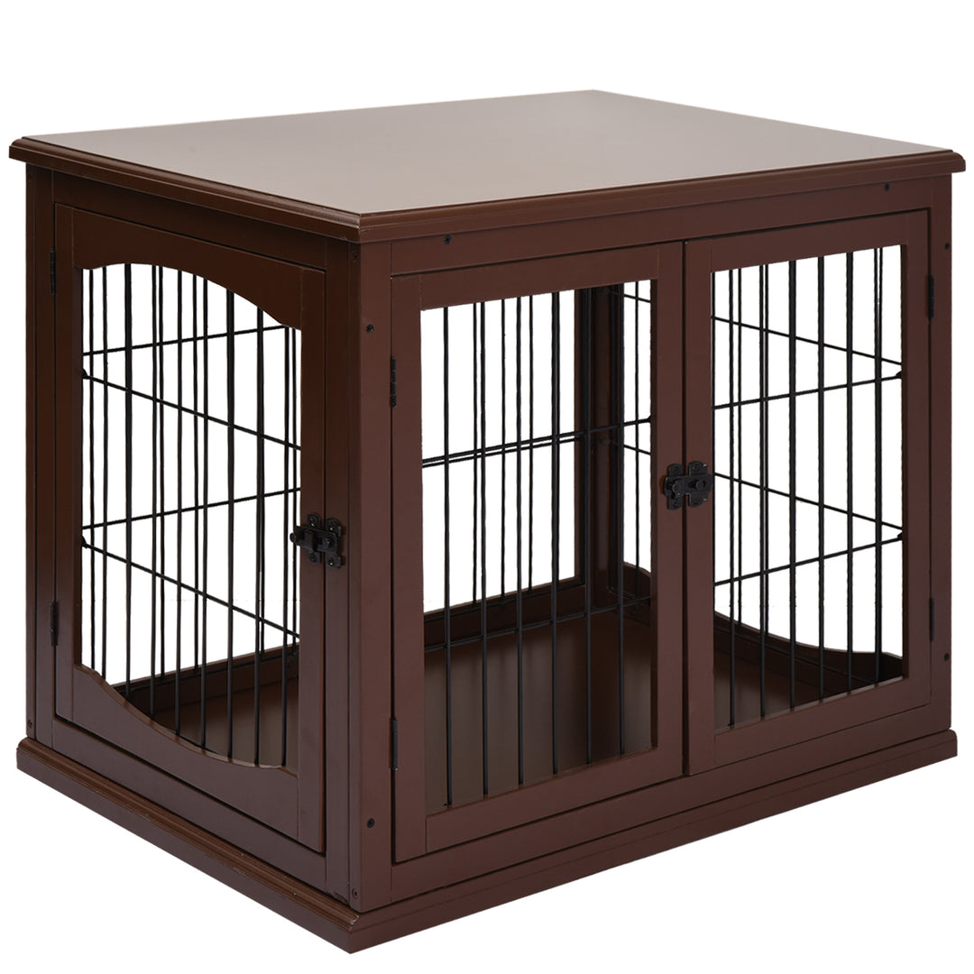 66cm Modern Indoor Pet Cage w/ Metal Wire 3 Doors Latches Base Small Animal House Tabletop Crate Decorative Stylish Brown