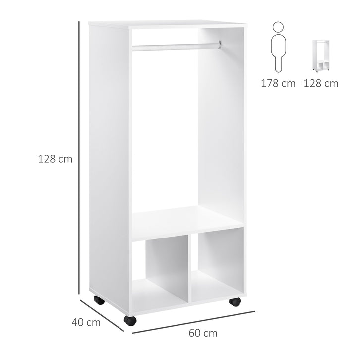 HOMCOM Open Wardrobe with Hanging Rod and Storage Shelves Mobile Garment Rack on Wheels Bedroom, Cloakroom, White