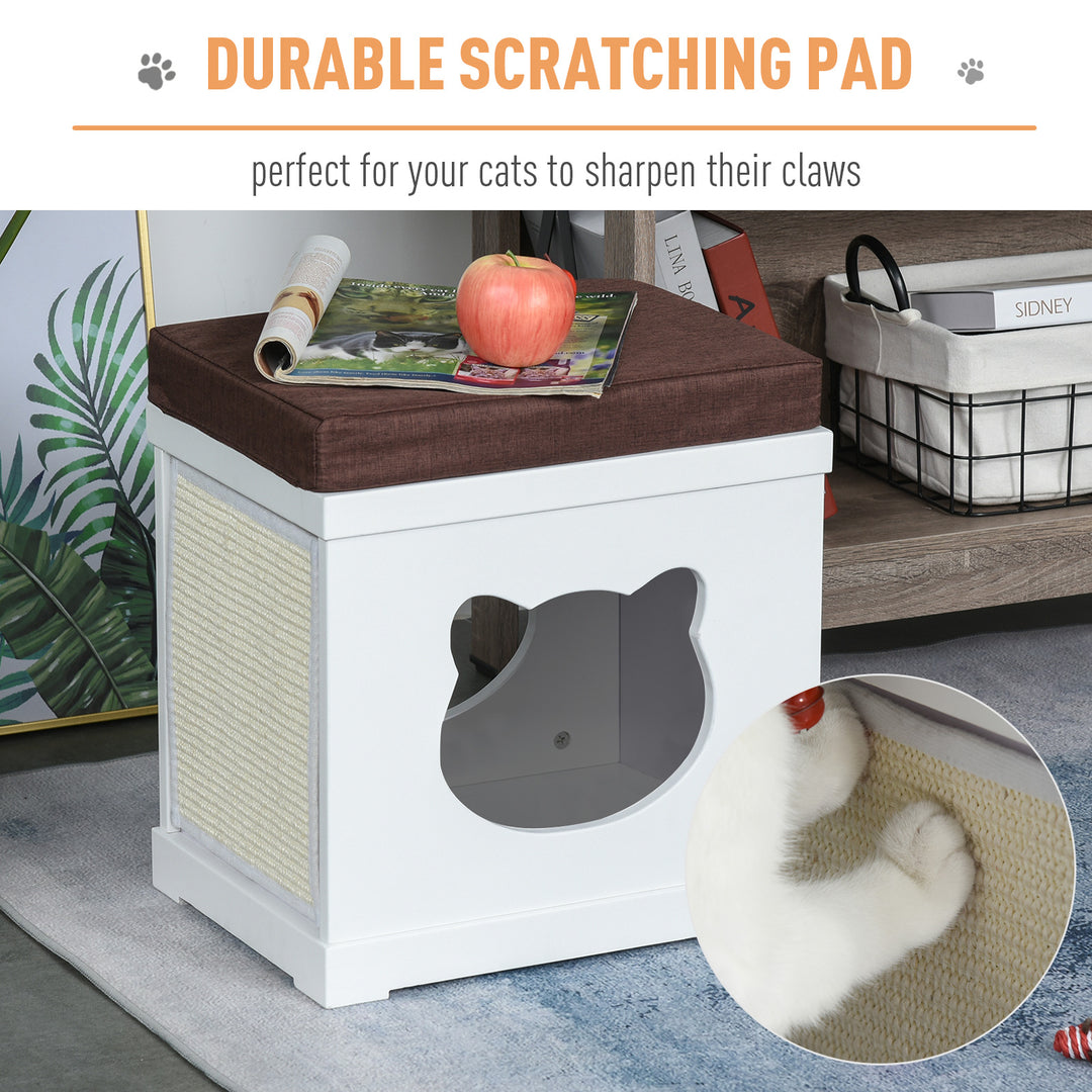 Wooden Cat House Bed Cat Scratching Cube for Small Cat Pet Furniture with Removable Scratching Pad and Soft Cushion White