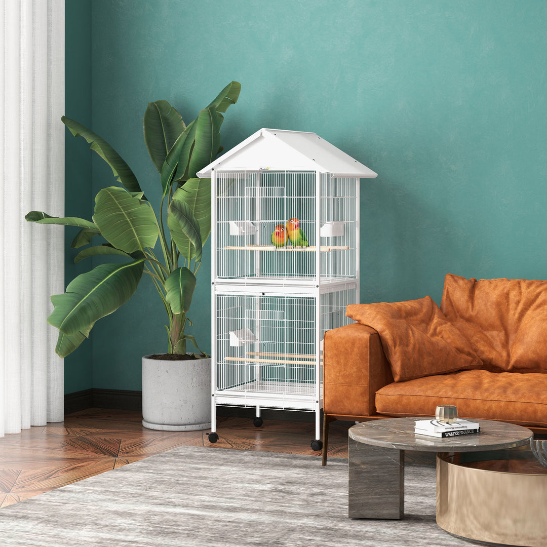 PawHut 170cm Metal Bird Cage Parrot Cage Mobile Feeder with Rolling Stand Perches Food Containers Doors Wheels White
