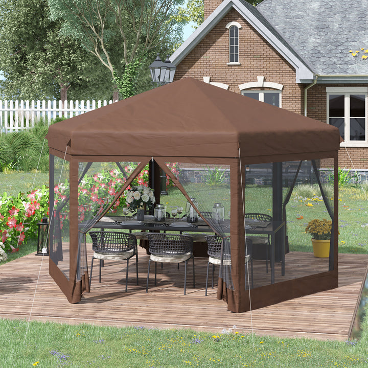 3x3.5m Hexagonal Pop Up Gazebo Party Canopy Height Adjustable Tent Sun Shelter w/ Mosquito Netting Zipped Door, Brown