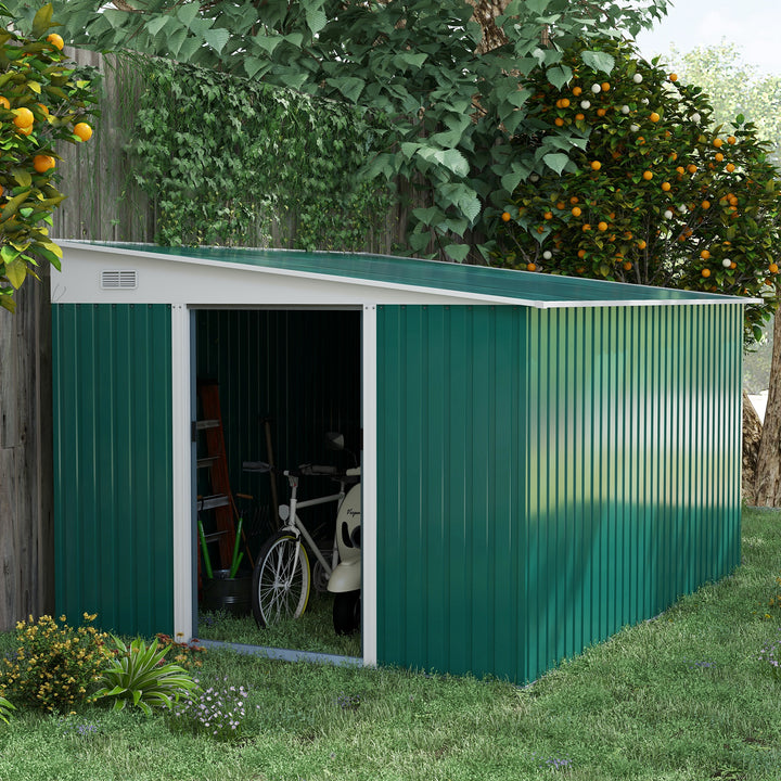 Garden Metal Storage Shed Tool House with Double Sliding Doors, 11.3x9.2ft, Green