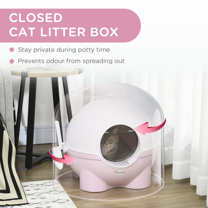 PawHut Large Cat Litter Box, Hooded Cat Litter Tray with Lid, Scoop, Top Handle, Front Entrance, 53 x 51 x 48cm - Pink