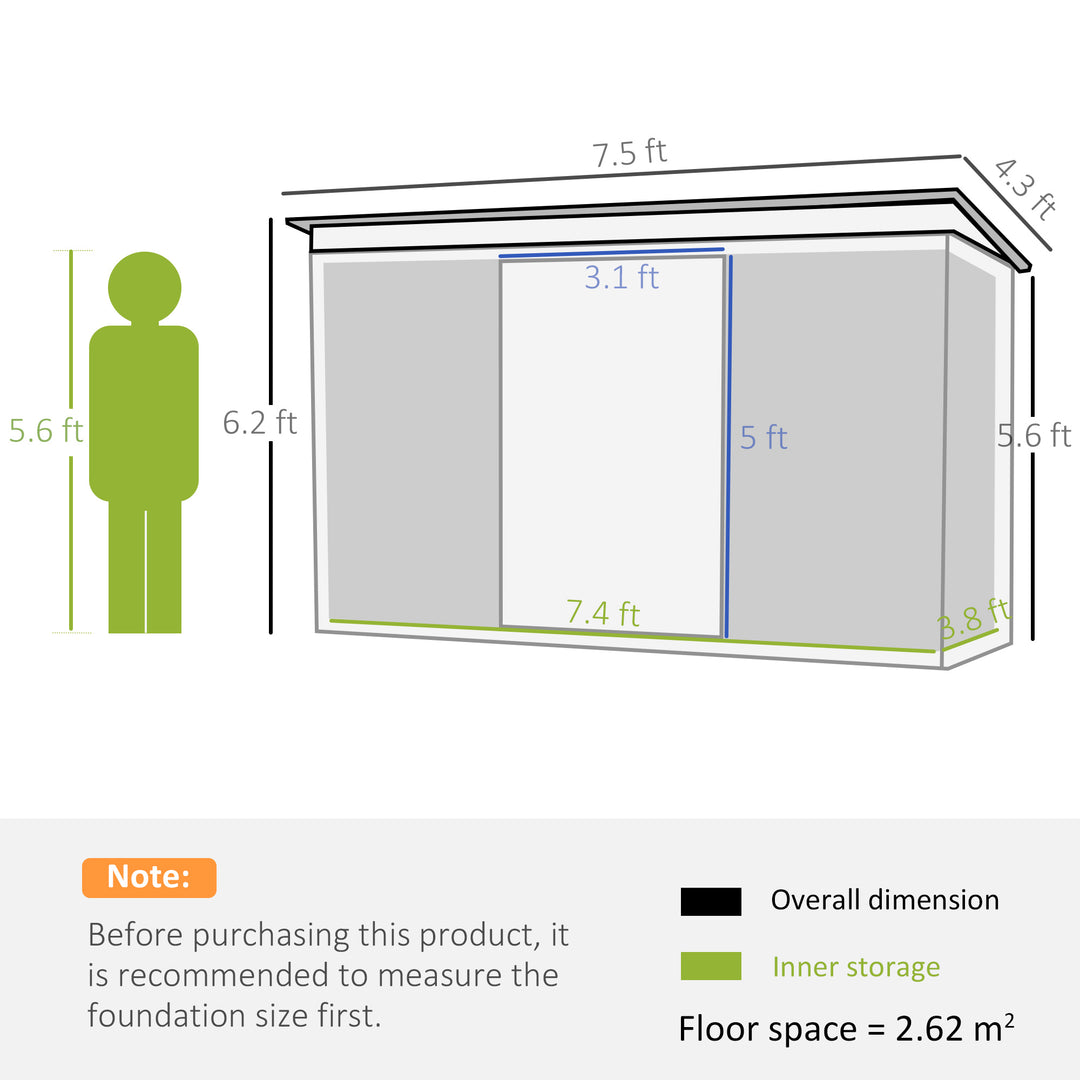 Outsunny 7.6 x 4.3ft Garden Storage Shed w/ Sliding Door Ventilation Window Sloped Roof Gardening Tool Storage Dark Grey
