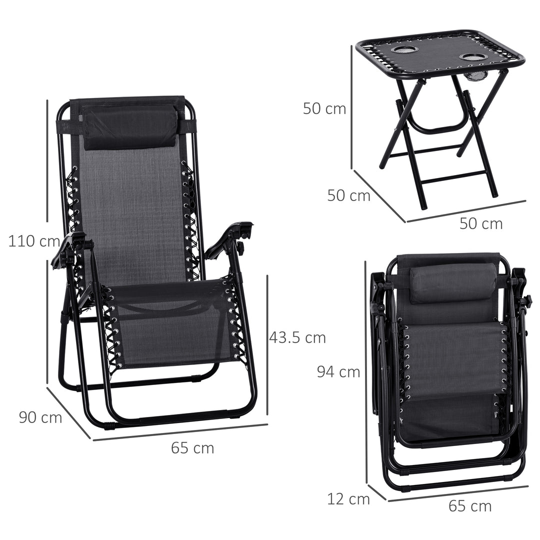 3pcs Folding Zero Gravity Chairs Sun Lounger Table Set w/ Cup Holders Reclining Garden Yard Pool, Black