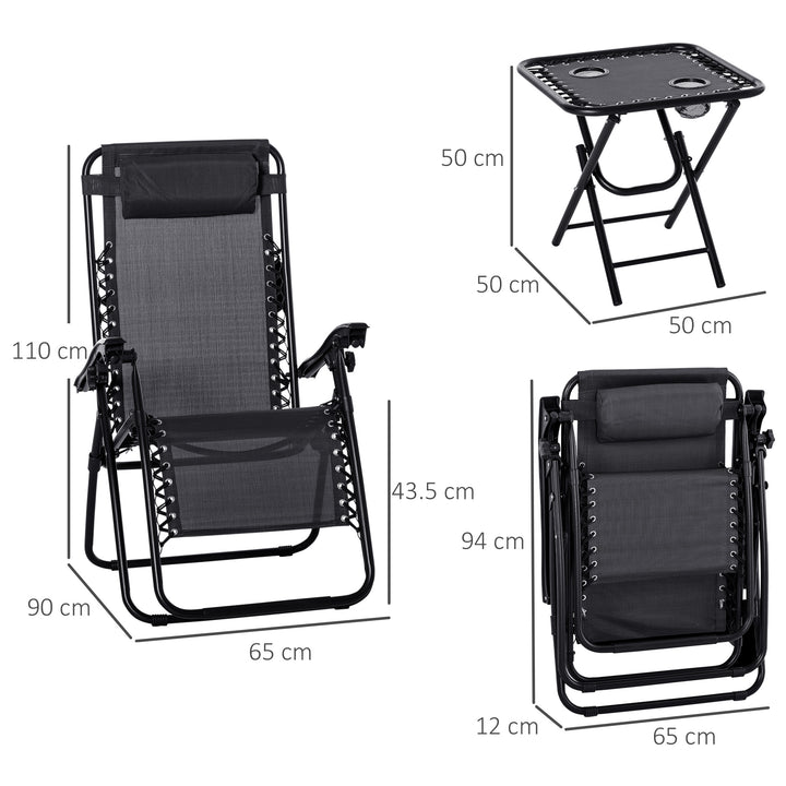 3pcs Folding Zero Gravity Chairs Sun Lounger Table Set w/ Cup Holders Reclining Garden Yard Pool, Black
