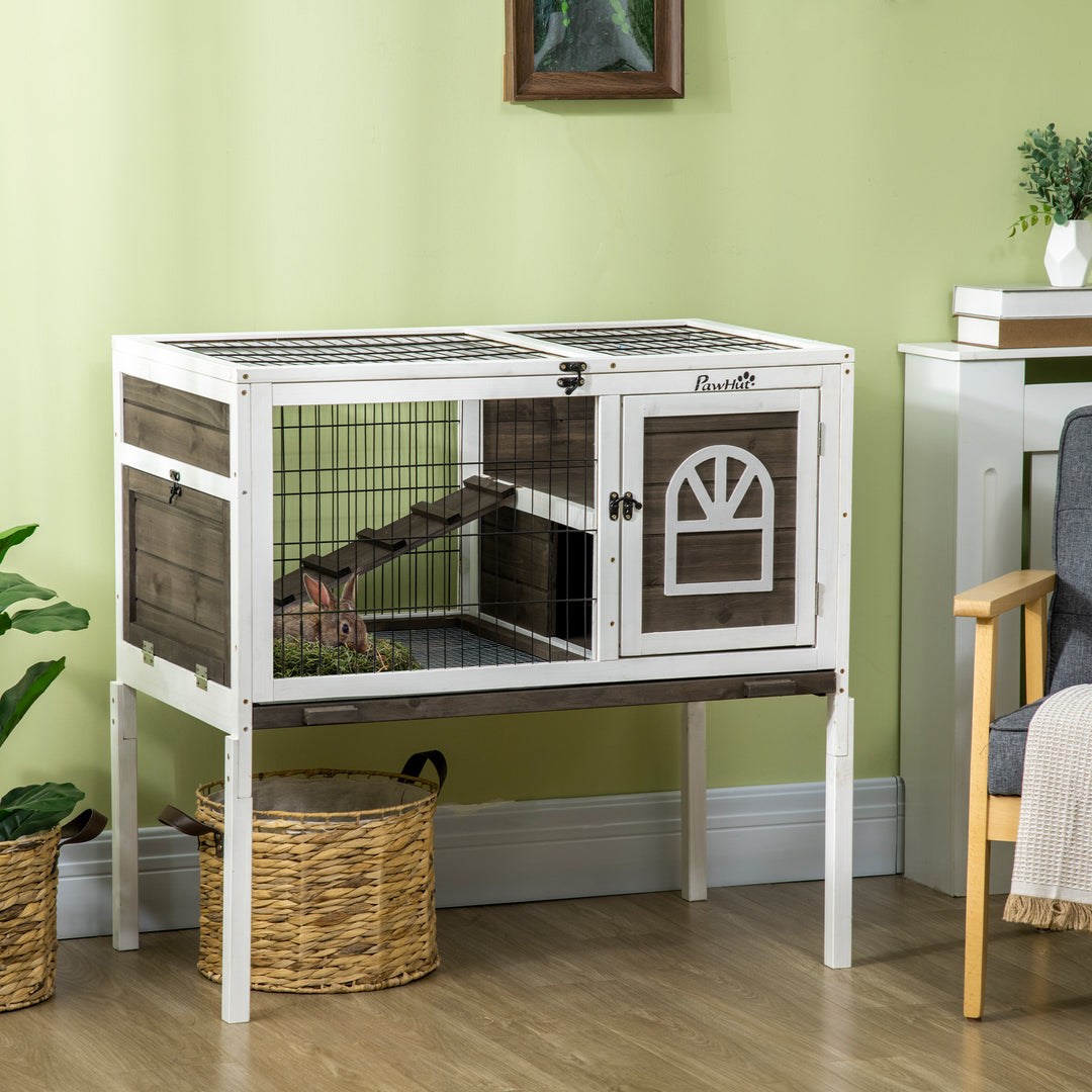 PawHut Wooden Rabbit Hutch with Openable Roof, Elevated Guinea Pig Cage with Ladder, Small Animal House w/ Slide-out Tray 90 x 53 x 87cm Coffee Brown