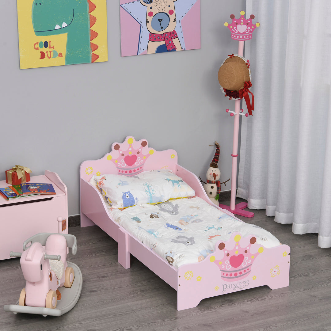 Kids Wooden Bed with Crown Modeling Safety Side Rails Easy to Clean Perfect Gift for Toddlers Girls Age 3 to 6 Years Old Pink