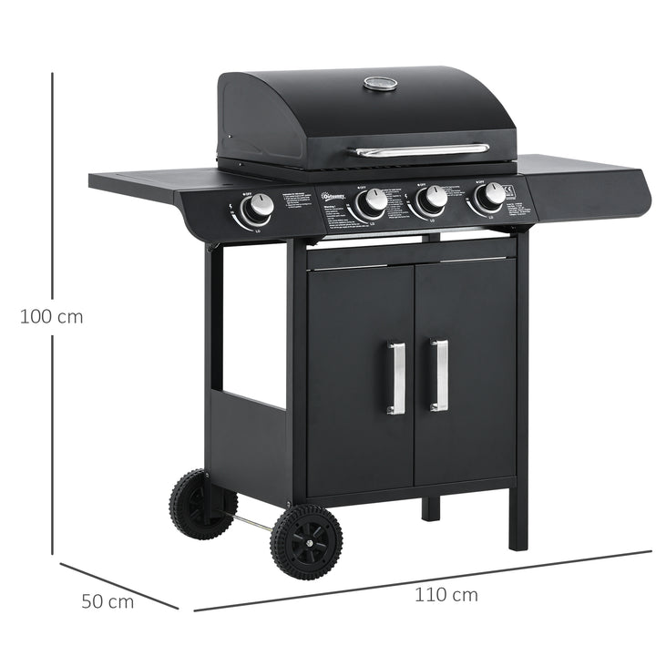 Gas BBQ Gas Grill Barbecue 3+1 Burner Garden BBQ Trolley w/ Side Burner Warming Rack Side Shelves Storage Cabinet Piezo Ignition 110x50x100cm