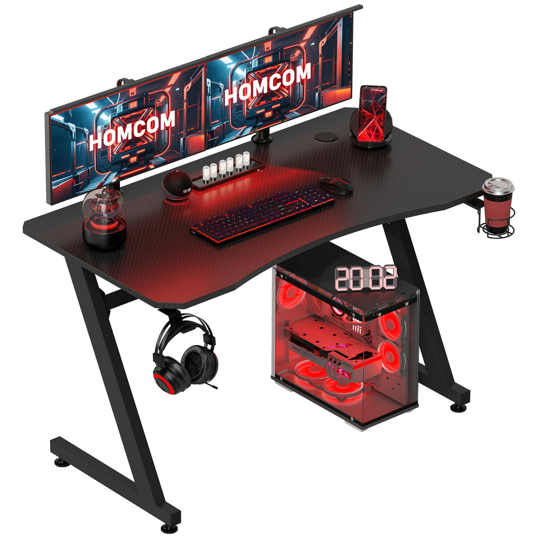 HOMCOM Gaming Desk Steel Frame with Cup Holder, Headphone Hook, Adjustable Feet and Cable Organiser, Home Office Computer Table, Black