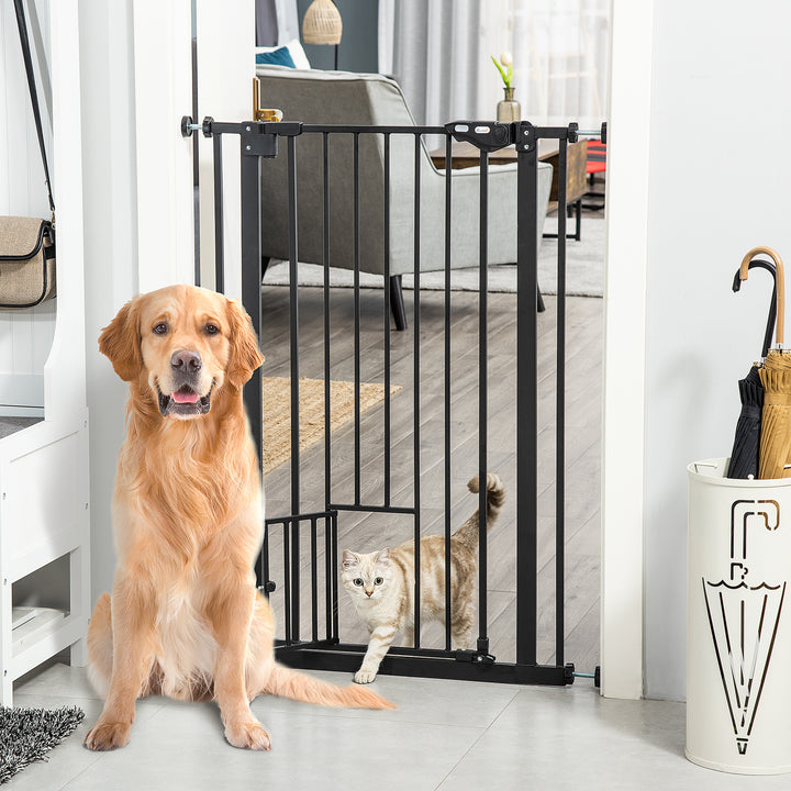 PawHut Extra Tall Dog Gate with Cat Door, Pet Safety Gate for Doorways Stairs with Auto Close Double Locking, 104 cm Tall 74-80 cm Wide, Black