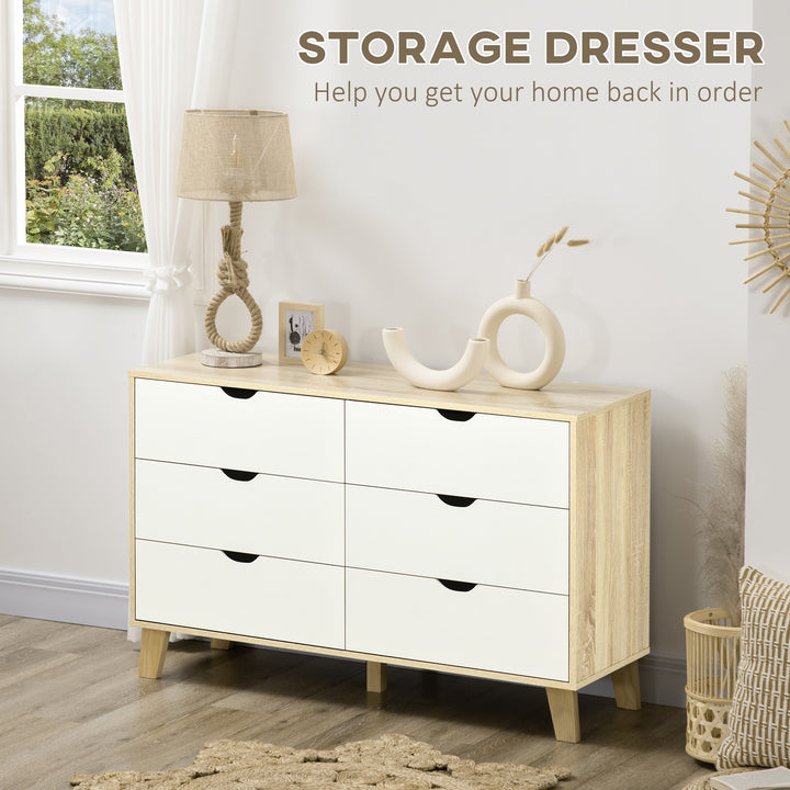 HOMCOM Wide Chest of Drawers, 6-Drawer Storage Organiser Unit with Wood Legs for Bedroom, Living Room, White and Light Brown