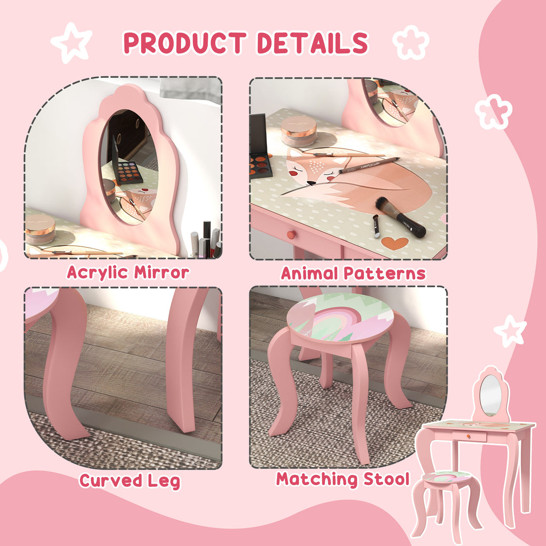 Kids Dressing Table with Mirror and Stool, Girls Vanity Table Makeup Desk with Drawer for 3-6 Years - Pink