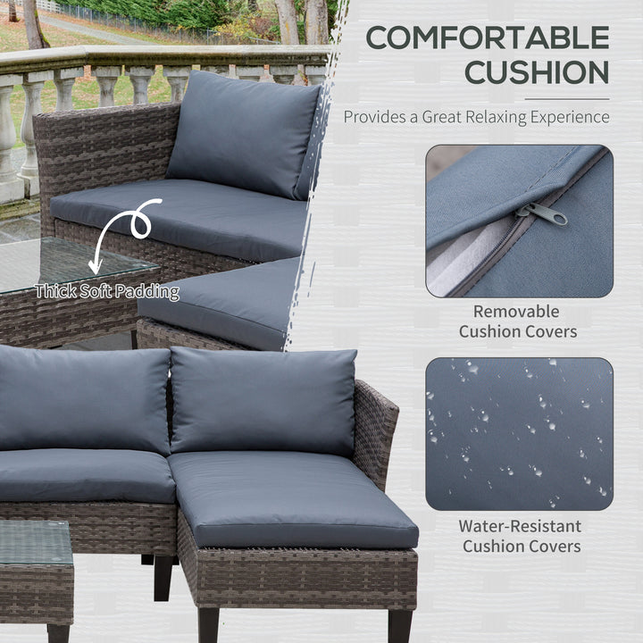 4-Seater Garden Sofa PE Rattan Set w/ 2 Seats Square Glass Top Coffee Table Thick Cushions Solid Legs Metal Frame Patio L Corner Shape, Grey